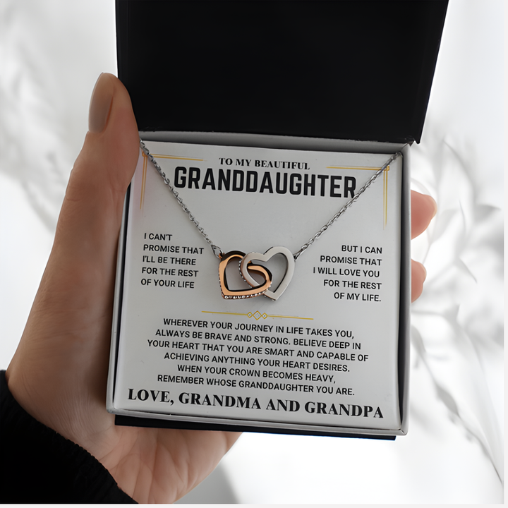 For Granddaughter – Interlocking Hearts Necklace (Love, Grandma and Grandpa)