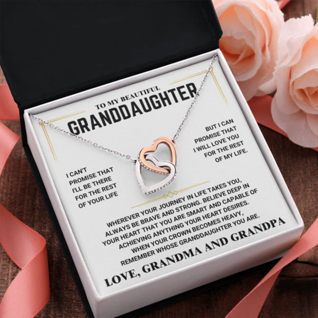 For Granddaughter – Interlocking Hearts Necklace (Love, Grandma and Grandpa)