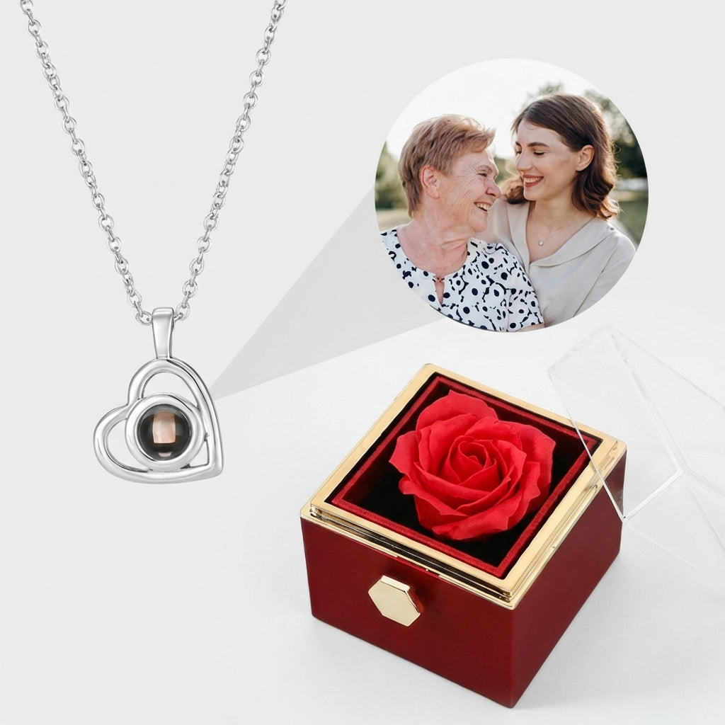 Eternal Rose Gift Box with Heart Photo Projection Necklace